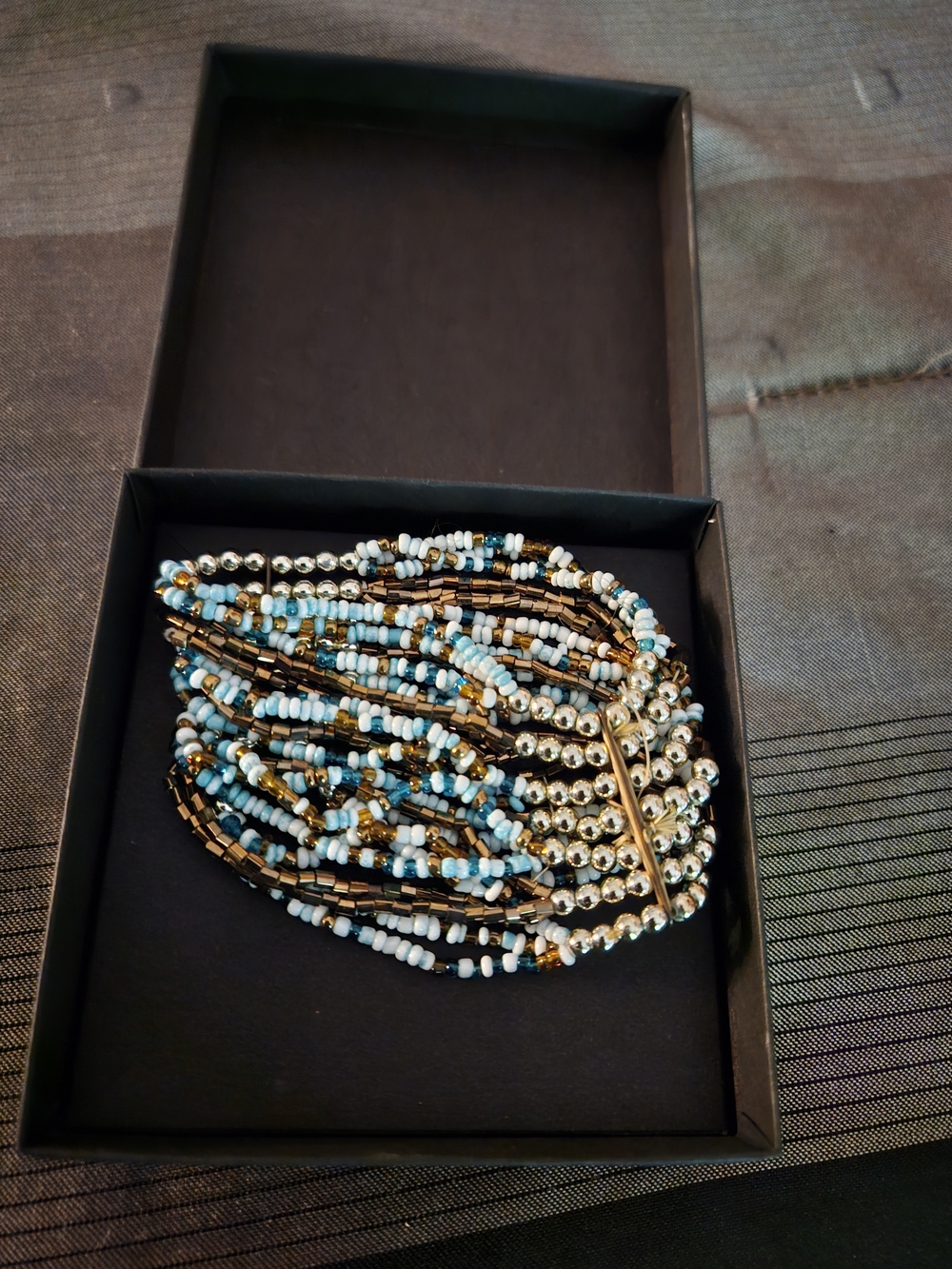 Hand Crafted Blue, White & Gold Multi-Strand Beaded Bracelet